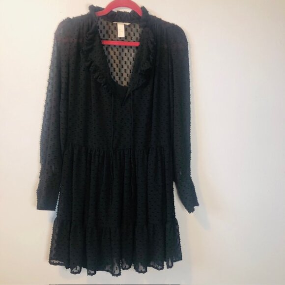H&M Babydoll Dress SIZE 2 Black Sheer Swiss Dot Ruffle Collar Tie Neck T… - Picture 3 of 11
